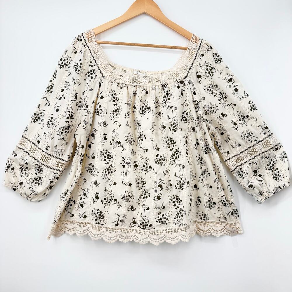 Cato Ivory Black Floral Crochet Lace Peasant Boho Blouse Plus Size 22/24W